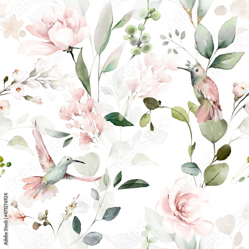 seamless floral watercolor pattern with garden pink flowers roses, leaves, birds, branches. Botanic tile, background.