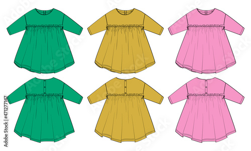 Multicolor Baby girls dress design technical Flat sketch vector illustration template. Apparel clothing Mock up front and back views Isolated White. Kids Fashion vector Art drawing easy editable.