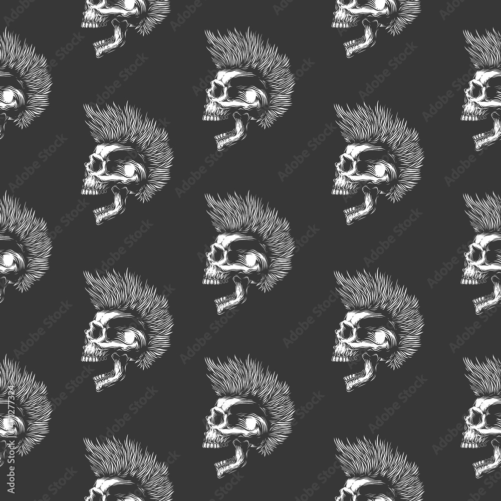 Original vector seamless pattern in vintage style. A monochrome skull ...