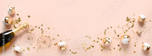 Canvas Print Banner with New Year champagne, wine glasses and Christmas white gold baubles on pink background