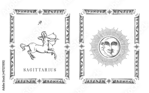 Sagittarius zodiac symbol in frame, horoscope card