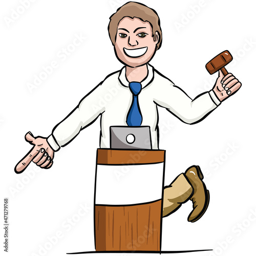 Caricature of an Auctioneer Auctioning Items in a Cartoon Funny Illustration Style