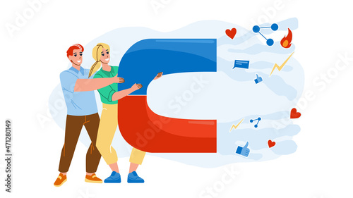 Social Media Marketing Online Business Vector. Man And Woman With Magnet Doing Social Media Marketing In Internet. Characters Managers Smm Professional Occupation Flat Cartoon Illustration