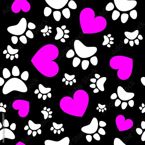 Pink hearts and animal paws, cat, dog track seamless pattern. Vector illustration.
