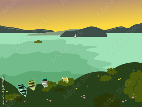 Sunset on the lake in summer  boats are left near the shore  a yacht sails in the distance against the background of mountains. Landscape. Vector illustration.