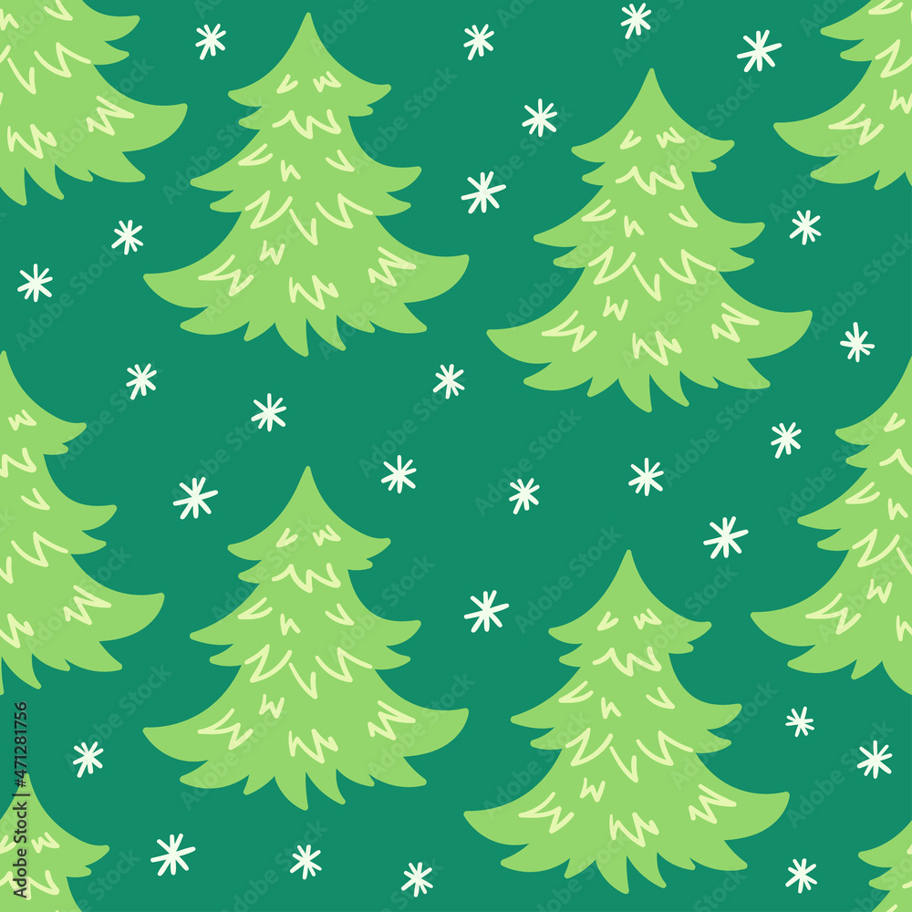 Fototapeta premium Christmas vector seamless pattern with cartoon Christmas trees and snowflakes. New Year's background.