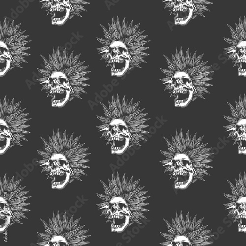 Original vector seamless pattern in vintage style. Monochrome crazy skull with crazy hairstyle, with sparks from the eyes on a black background. A design element.