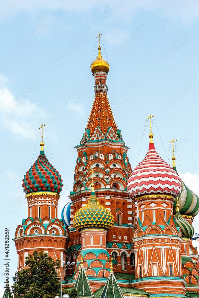 Colorful domes of the Cathedral of Vasily the Blessed commonly known as Saint Basil's Cathedral at Red Square in Moscow, Russia, Europe