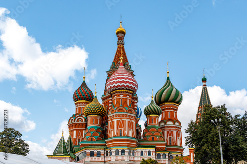 Colorful domes of the Cathedral of Vasily the Blessed commonly known as Saint Basil's Cathedral at Red Square in Moscow, Russia, Europe