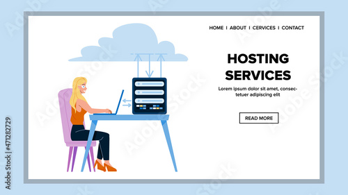 Hosting Services Using Woman Office Manager Vector. Young Girl Working Ar Laptop And Connected To Hosting Services For Surfing In Internet Online. Character Job Web Flat Cartoon Illustration