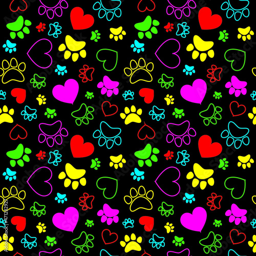 Colorful hearts and animal paws, cat, dog track seamless pattern. Vector illustration.