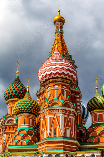 Colorful domes of the Cathedral of Vasily the Blessed commonly known as Saint Basil's Cathedral at Red Square in Moscow, Russia, Europe