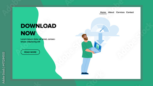 Man Download Now Files From Cloud Storage Vector. Man Technology User Online Download Now Digital Document And Media From Internet With High Speed. Character Web Flat Cartoon Illustration