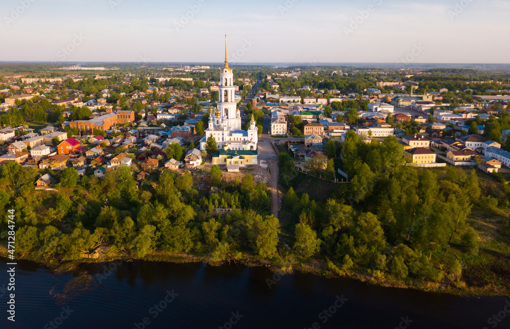 Aerial panoramic view of Resurrection Cathedral on bank of Teza River in Russian city of Shuya, Ivanovo oblast..