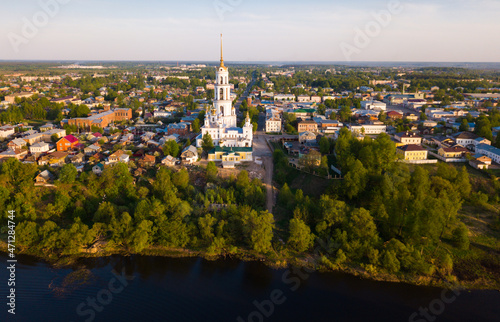 Aerial panoramic view of Resurrection Cathedral on bank of Teza River in Russian city of Shuya, Ivanovo oblast.. © JackF