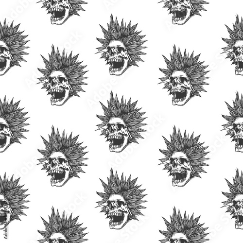 Original vector seamless pattern in vintage style. Crazy skull with crazy hairstyle, with sparks from the eyes. A design element.