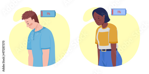 Exhausted people semi flat color vector character set. Posing figure. Full body people on white. Health isolated modern cartoon style illustration for graphic design and animation pack
