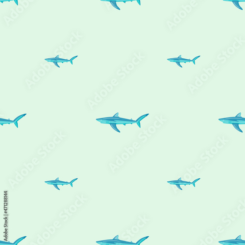 Seamless pattern Blue shark on pastel green background. Texture of marine fish for any purpose.