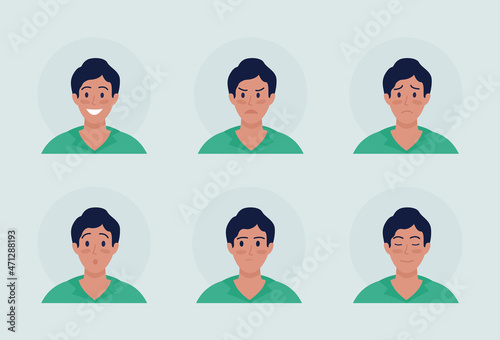Man with different emotions semi flat color vector character avatar set. Casual style. Portrait from front view. Isolated modern cartoon style illustration for graphic design and animation pack