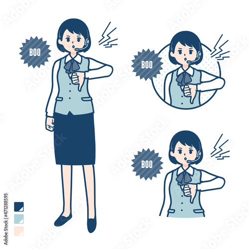 インカムをつけたビジネス女性が抗議・ブーイングしているイラスト
