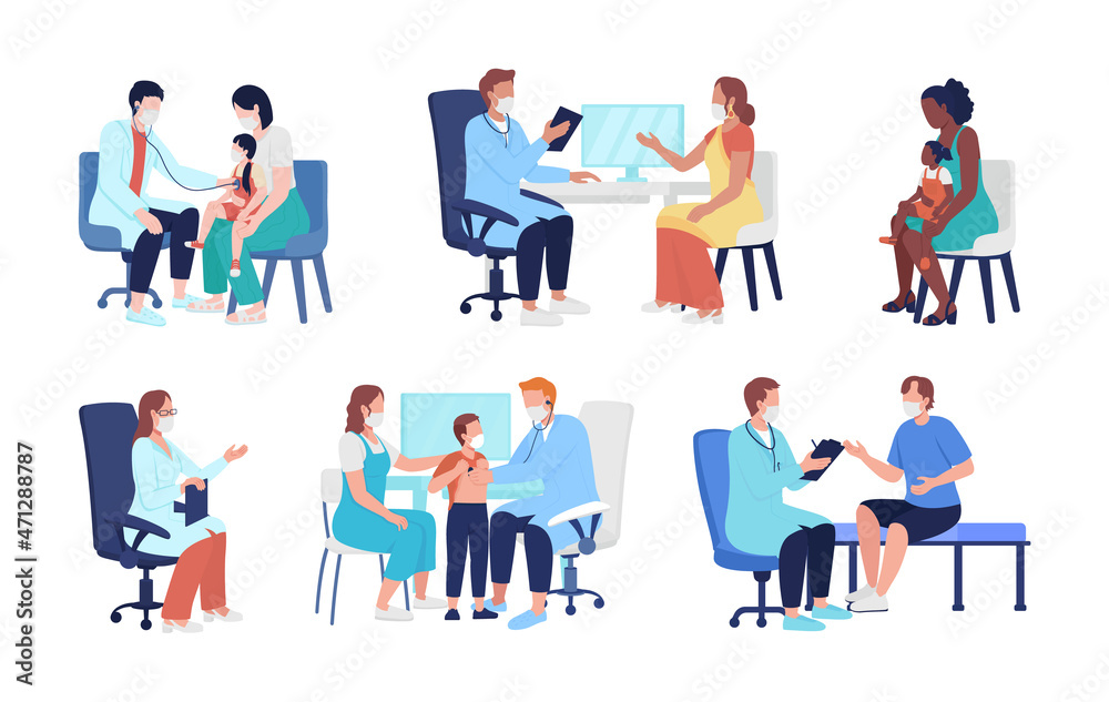 Family doctor semi flat color vector character set. Posing figures. Full body people on white. Healthcare isolated modern cartoon style illustration for graphic design and animation collection