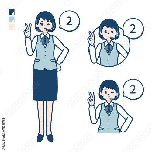 インカムをつけたビジネス女性が2とカウントしているイラスト