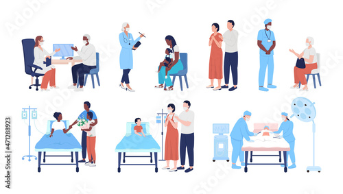 Hospital procedures semi flat color vector character set. Posing figures. Full body people on white. Medicine isolated modern cartoon style illustration for graphic design and animation collection