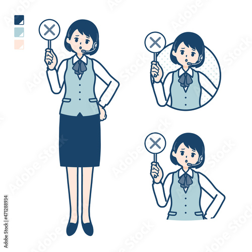 インカムをつけたビジネス女性がバツ印パネルを出すイラスト