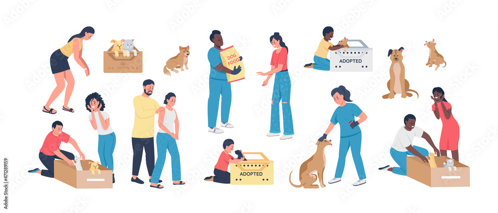 Fototapeta premium Adopting pets semi flat color vector character set. Posing figures. Full body people on white. Rescue animals isolated modern cartoon style illustration for graphic design and animation collection