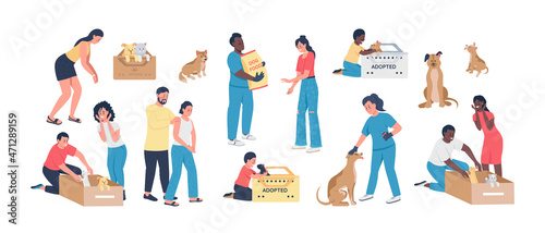 Adopting pets semi flat color vector character set. Posing figures. Full body people on white. Rescue animals isolated modern cartoon style illustration for graphic design and animation collection © The img