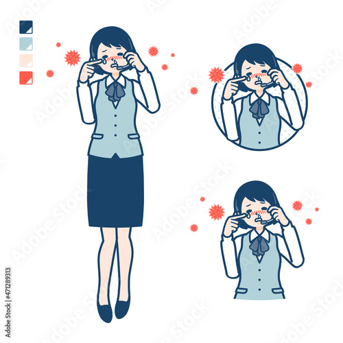 インカムをつけたビジネス女性が花粉アレルギーに苦しんでいるイラスト