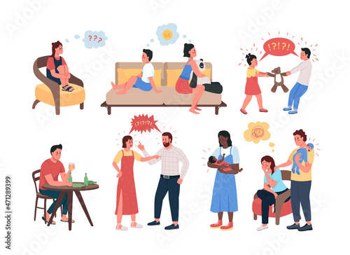 Family conflict semi flat color vector character set. Posing figures. Full body people on white. Relatives isolated modern cartoon style illustration for graphic design and animation collection