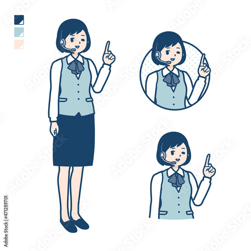 インカムをつけたビジネス女性が指差ししているイラスト