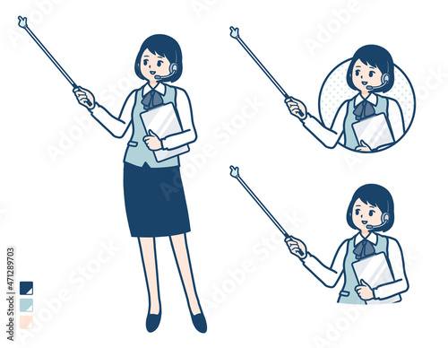 インカムをつけたビジネス女性が指示棒で解説しているイラスト