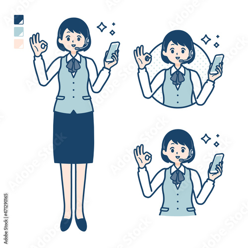インカムをつけたビジネス女性がスマートフォンを持ちOKサインをしているイラスト