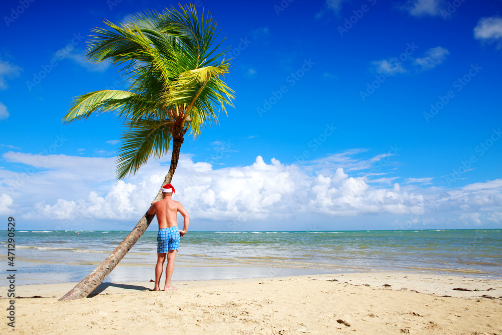 Man in Santa Hat relaxing and green palm on the caribbean beach. Man in Santa Hat relaxing and green palm on the caribbean beach.