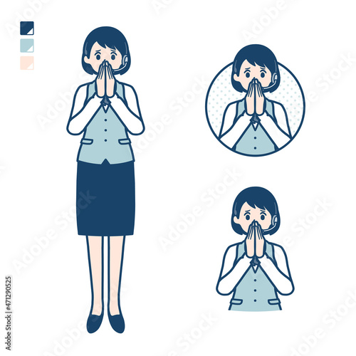 インカムをつけたビジネス女性が驚き不安な様子になっているイラスト