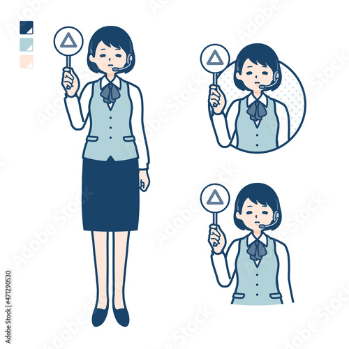 インカムをつけたビジネス女性が三角印パネルを出すイラスト