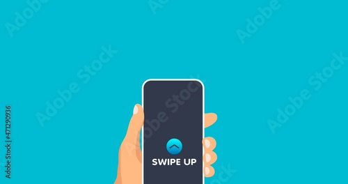 Animation of man swipes up on smartphone display. Hand holds phone with quick access button for social media on screen. Scroll arrows and web icons for advertising and marketing in different apps. 