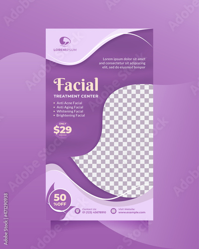 Creative and modern social media story post and banner template for Facial Beauty Center promotion with purple color. Vector template concept of professional hair spa, cosmetic sale, skin care, etc