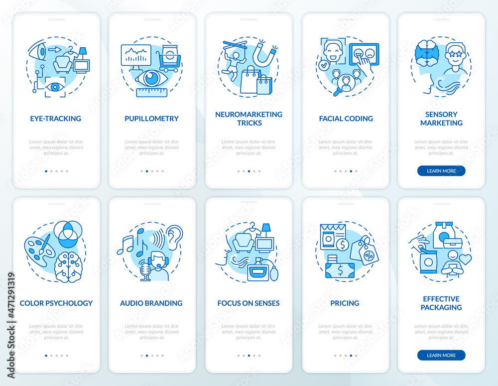 Marketing neuroscience onboarding mobile app page screen. Consumer psychology walkthrough 5 steps graphic instructions with concepts. UI, UX, GUI vector template with linear color illustrations
