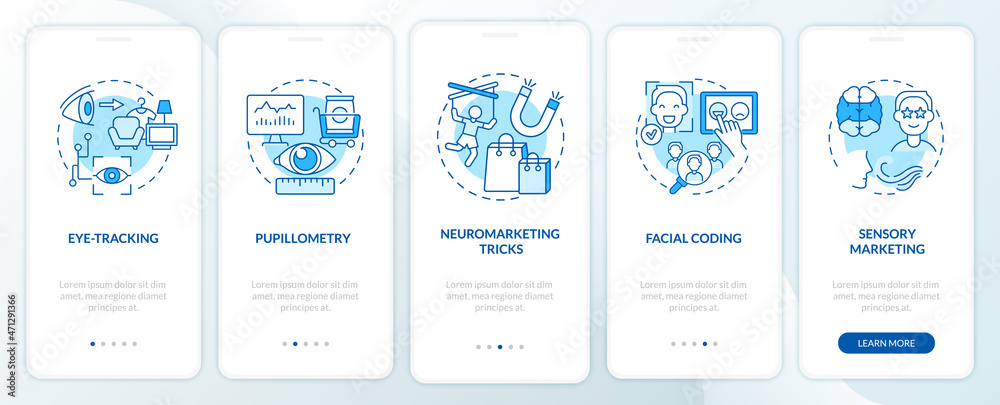 Neuroscience techniques onboarding mobile app page screen. Neuromarketing tricks walkthrough 5 steps graphic instructions with concepts. UI, UX, GUI vector template with linear color illustrations Neuroscience techniques onboarding mobile app page screen. Neuromarketing tricks walkthrough 5 steps graphic instructions with concepts. UI, UX, GUI vector template with linear color illustrations