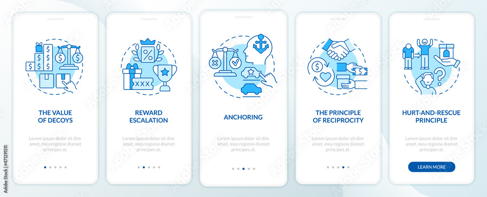 Neuromarketing canons onboarding mobile app page screen. Customer anchoring bias walkthrough 5 steps graphic instructions with concepts. UI, UX, GUI vector template with linear color illustrations