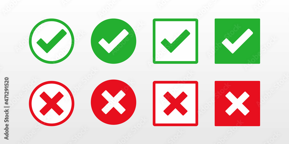Check and cross icons set. Suitable for use in web and mobile app design. Vector illustration. Check and cross icons set. Suitable for use in web and mobile app design. Vector illustration.