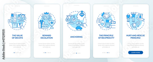 Neuromarketing canons onboarding mobile app page screen. Customer anchoring bias walkthrough 5 steps graphic instructions with concepts. UI, UX, GUI vector template with linear color illustrations