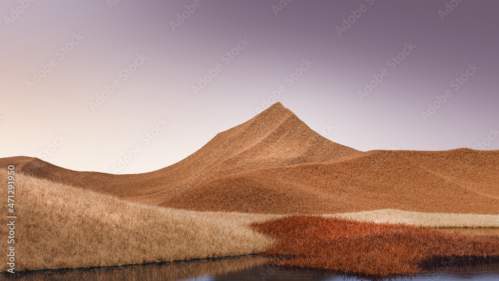 Surreal mountains landscape with orange peaks and pale purple sky. Minimal modern abstract background. Shaggy surface with a slight noise. 3d rendering Surreal mountains landscape with orange peaks and pale purple sky. Minimal modern abstract background. Shaggy surface with a slight noise. 3d rendering