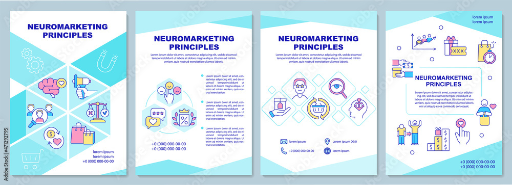 Neuromarketing principles brochure template. Emotional marketing. Flyer, booklet, leaflet print, cover design with linear icons. Vector layouts for presentation, annual reports, advertisement pages