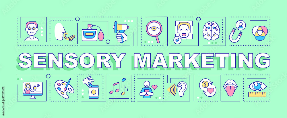 Sensory marketing word concepts banner. Impact customers with senses. Infographics with linear icons on green background. Isolated creative typography. Vector outline color illustration with text - obrazy, fototapety, plakaty 