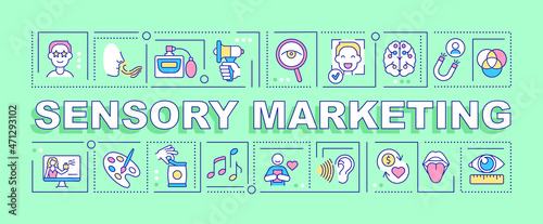 Sensory marketing word concepts banner. Impact customers with senses. Infographics with linear icons on green background. Isolated creative typography. Vector outline color illustration with text