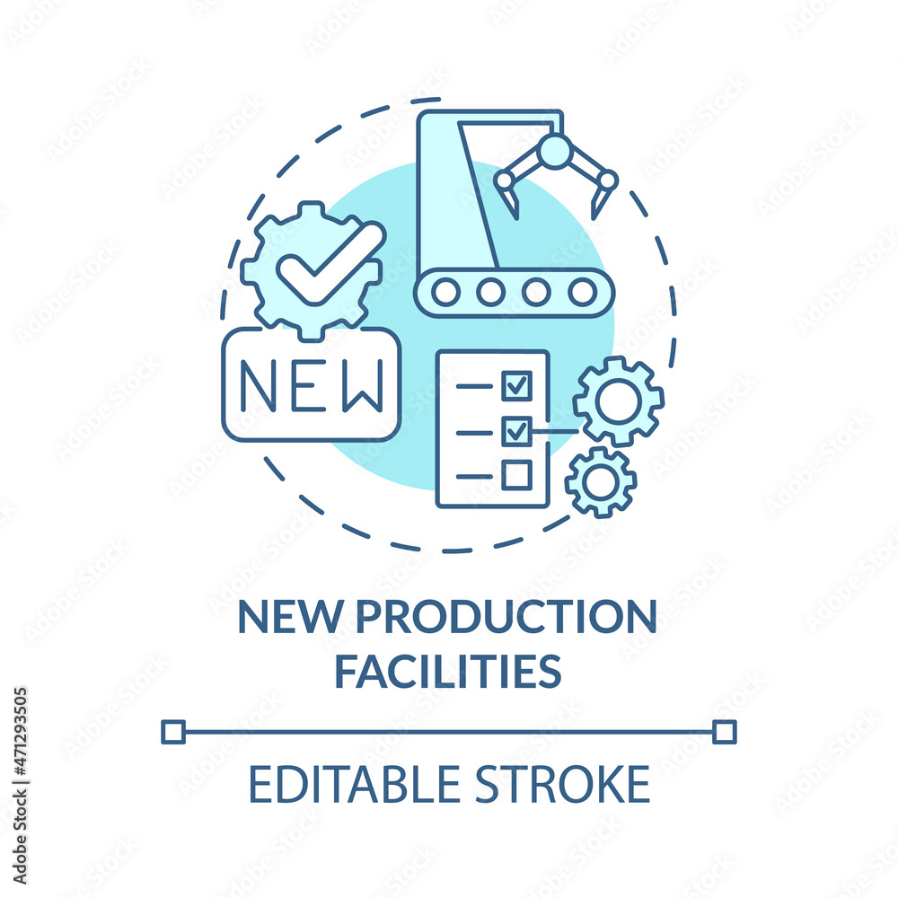 New production facilities blue concept icon. Business growth abstract idea thin line illustration. Renewed equipment. Manufacturing automation. Vector isolated outline color drawing. Editable stroke New production facilities blue concept icon. Business growth abstract idea thin line illustration. Renewed equipment. Manufacturing automation. Vector isolated outline color drawing. Editable stroke